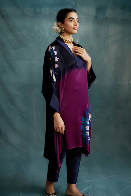 Krishna Mehta_Blue V-neck Shaded Floral Print Kaftan _at_Aza_Fashions