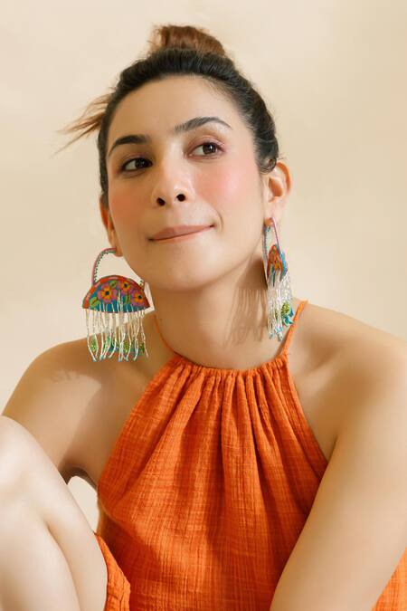 Buy_Krutiarts_Blue Embroidery, Cut Work Tulum Earrings 