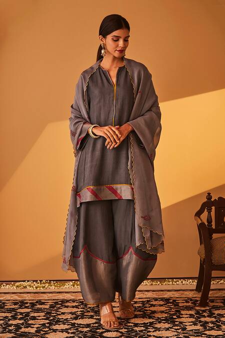 Shop_BO Tree_Grey Organza, Silk Embroidery Split V-neck Anjum Stripe Border Woven Kurta Set _Online_at_Aza_Fashions