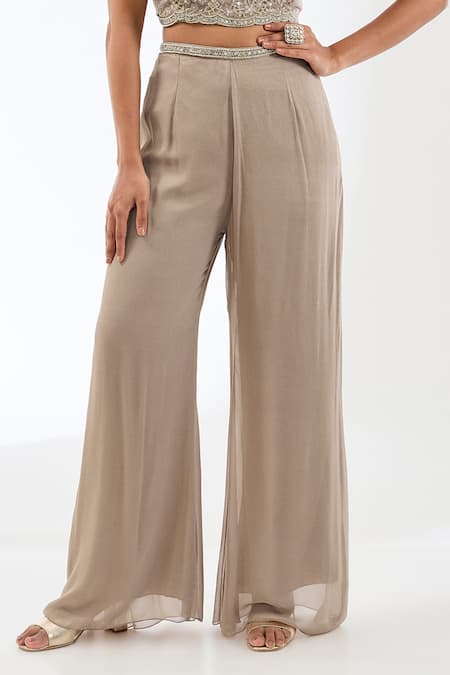 Rabani & Rakha_Beige Net, Georgette Sequins, Beads, Noor Checkered Jacket Palazzo Set _at_Aza_Fashions