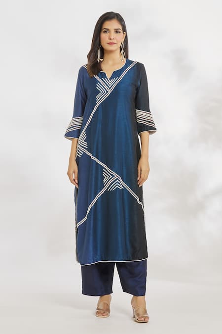 Paksh_Blue Silk, Chiffon Beads, Embroidery Split V-neck Hand Ombre Kurta Set _at_Aza_Fashions