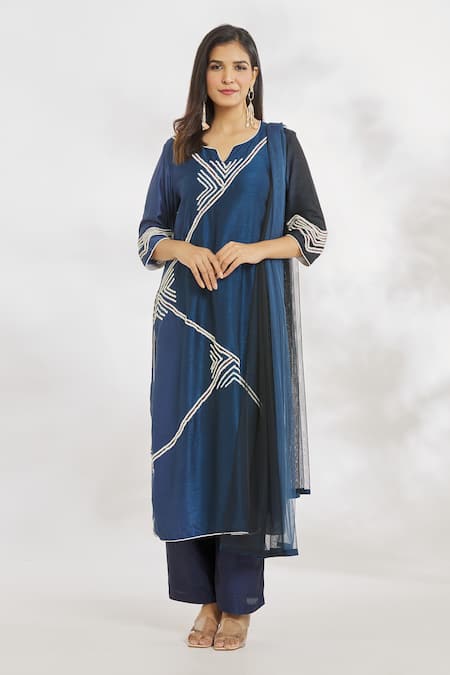 Paksh_Blue Silk, Chiffon Beads, Embroidery Split V-neck Hand Ombre Kurta Set _Online_at_Aza_Fashions