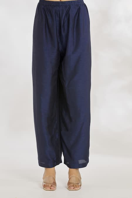 Shop_Paksh_Blue Silk, Chiffon Beads, Embroidery Split V-neck Hand Ombre Kurta Set _Online_at_Aza_Fashions