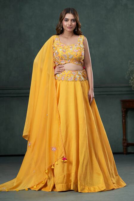 Shop Hirika & Dhruti Yellow Silk, Chanderi, Organza Pearls, Embroidery, Tassels Flared Lehenga Set at Aza Fashions Shop_Hirika & Dhruti_Yellow Silk, Chanderi, Organza Pearls, Embroidery, Tassels Flared Lehenga Set _at_Aza_Fashions