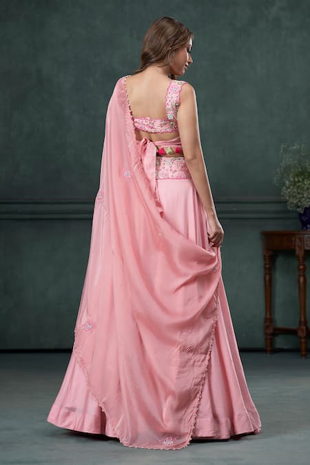 Shop Hirika & Dhruti Pink Silk, Chanderi, Organza Pearls, Embroidery Floral Lehenga Set at Aza Fashions Shop_Hirika & Dhruti_Pink Silk, Chanderi, Organza Pearls, Embroidery Floral Lehenga Set _at_Aza_Fashions