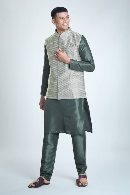 Buy_Arihant Rai Sinha_Green Jacquard, Silk Embroidery Leaf Woven Bundi And Kurta Set