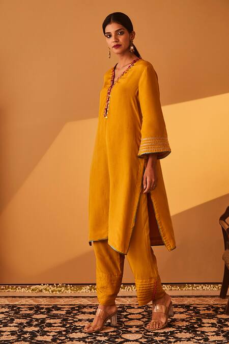 BO Tree_Yellow Organza, Silk Beads, Crystals Sambul Placket Embroidered Kurta Set _Online_at_Aza_Fashions
