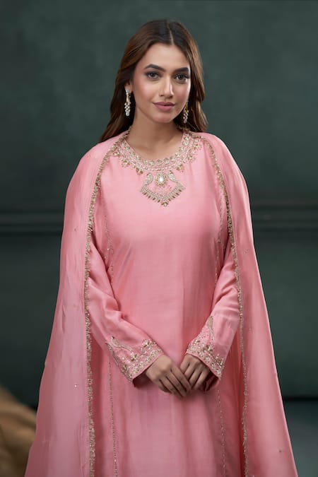 Shop_Hirika & Dhruti_Pink Chanderi Silk, Organza Embroidery, Zari Zardosi Bird Kurta Sharara Set _at_Aza_Fashions