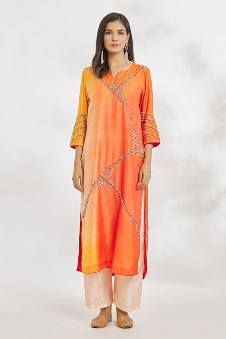 Paksh_Orange Silk, Chiffon Beads, Embroidery Split V-neck Hand Kurta Set _Online_at_Aza_Fashions