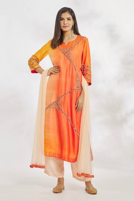 Buy_Paksh_Orange Silk, Chiffon Beads, Embroidery Split V-neck Hand Kurta Set _Online_at_Aza_Fashions