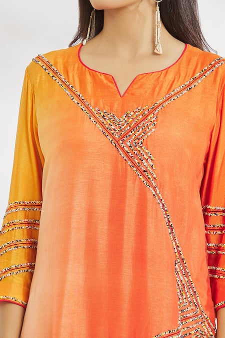 Shop_Paksh_Orange Silk, Chiffon Beads, Embroidery Split V-neck Hand Kurta Set _Online_at_Aza_Fashions