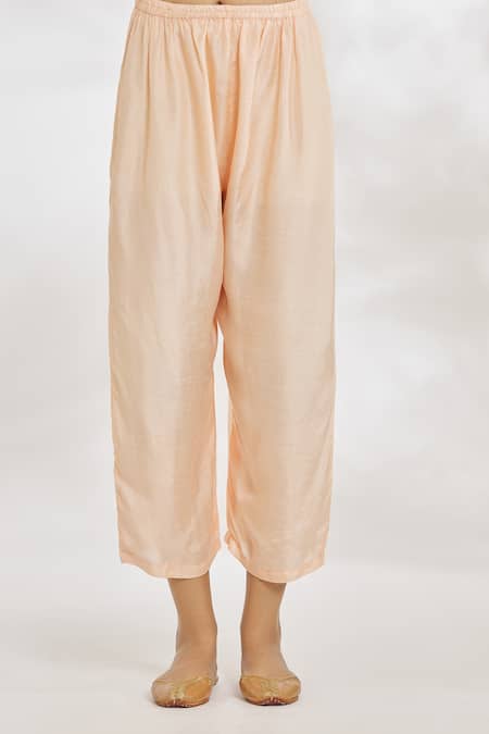 Paksh_Orange Silk, Chiffon Beads, Embroidery Split V-neck Hand Kurta Set _at_Aza_Fashions