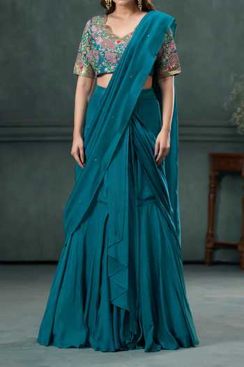 Buy Hirika & Dhruti Green Ghagra And Blouse Cotton Silk, Drape Embroidered Pre-draped Saree Set For Kids Online at Aza Fashions Buy_Hirika & Dhruti_Green Ghagra And Blouse Cotton Silk, Drape Embroidered Pre-draped Saree Set For Kids_Online_at_Aza_Fashions