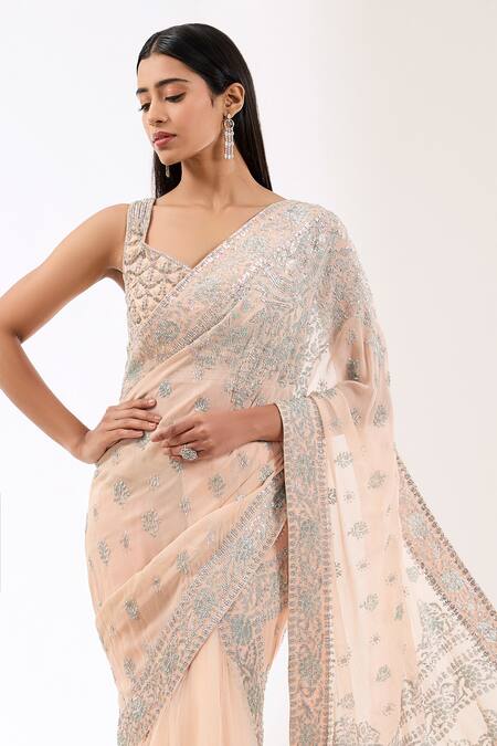 Rabani & Rakha_Pink Net, Georgette Sequins Sweetheart Sairra Work Lehenga Saree With Blouse _Online_at_Aza_Fashions