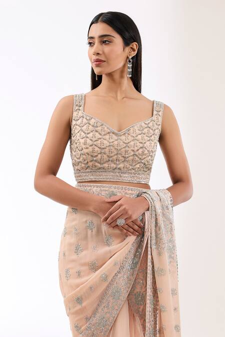 Shop_Rabani & Rakha_Pink Net, Georgette Sequins Sweetheart Sairra Work Lehenga Saree With Blouse _Online_at_Aza_Fashions