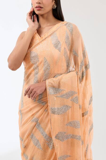 Rabani & Rakha_Peach Chiffon Sequins V-neck Nabia Work Saree With Blouse _Online_at_Aza_Fashions