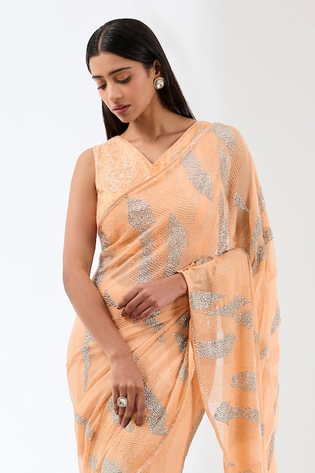 Buy_Rabani & Rakha_Peach Chiffon Sequins V-neck Nabia Work Saree With Blouse _Online_at_Aza_Fashions