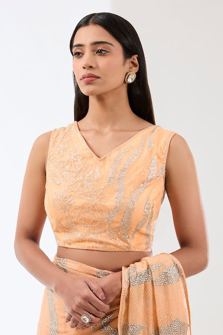Shop_Rabani & Rakha_Peach Chiffon Sequins V-neck Nabia Work Saree With Blouse _Online_at_Aza_Fashions