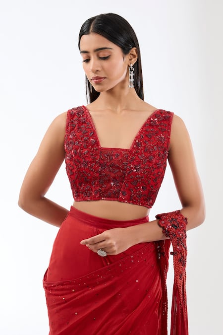 Buy_Rabani & Rakha_Red Chiffon Sequins, Beads Sairra Embroidered Pre-stitched Saree With Blouse _Online_at_Aza_Fashions