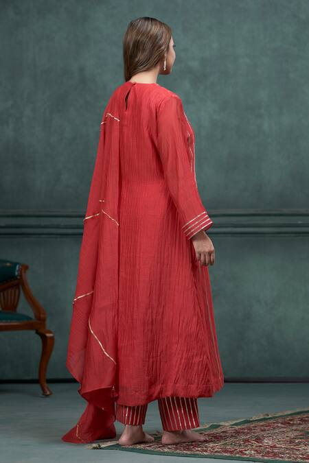 Shop_Hirika & Dhruti_Red Chanderi Embroidery, Gota Patti Round Neck Lace Hand A-line Kurta Set _at_Aza_Fashions