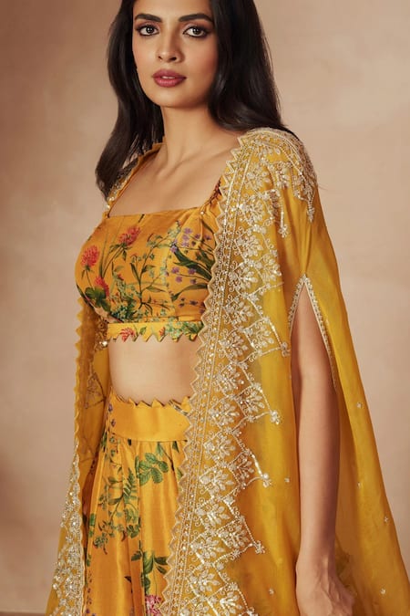 Buy_Anushree Reddy_Yellow Silk, Organza Embroidery Square Neck Maryul Floral Print Lehenga Cape Set _Online_at_Aza_Fashions