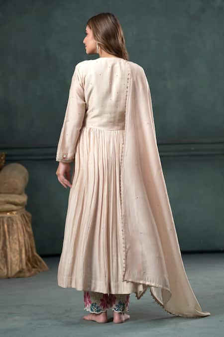 Shop_Hirika & Dhruti_Beige Chanderi Silk, Cotton, Organza Embroidery, Hand Pleated Angarkha Pant Set _at_Aza_Fashions