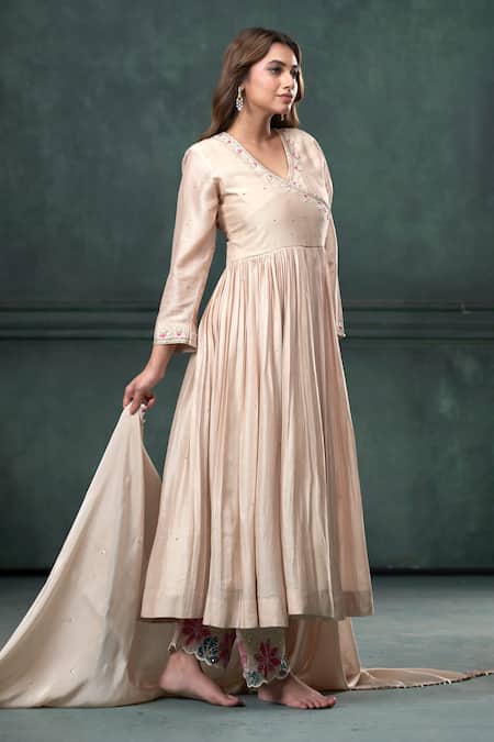 Hirika & Dhruti_Beige Chanderi Silk, Cotton, Organza Embroidery, Hand Pleated Angarkha Pant Set _Online_at_Aza_Fashions