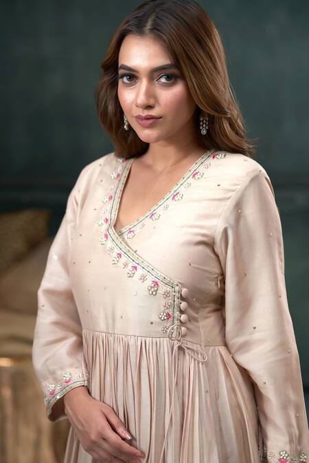 Shop_Hirika & Dhruti_Beige Chanderi Silk, Cotton, Organza Embroidery, Hand Pleated Angarkha Pant Set _Online_at_Aza_Fashions