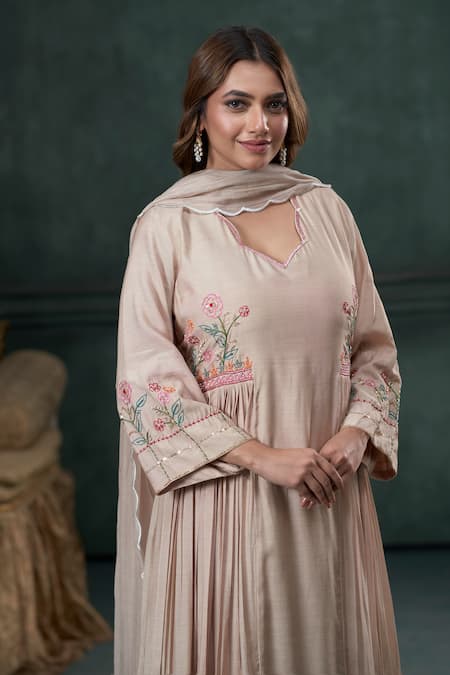 Shop Hirika & Dhruti Beige Mohair, Cotton, Chanderi Pearls, Sequins, Thread Hand A-line Kurta Set at Aza Fashions Shop_Hirika & Dhruti_Beige Mohair, Cotton, Chanderi Pearls, Sequins, Thread Hand A-line Kurta Set _at_Aza_Fashions