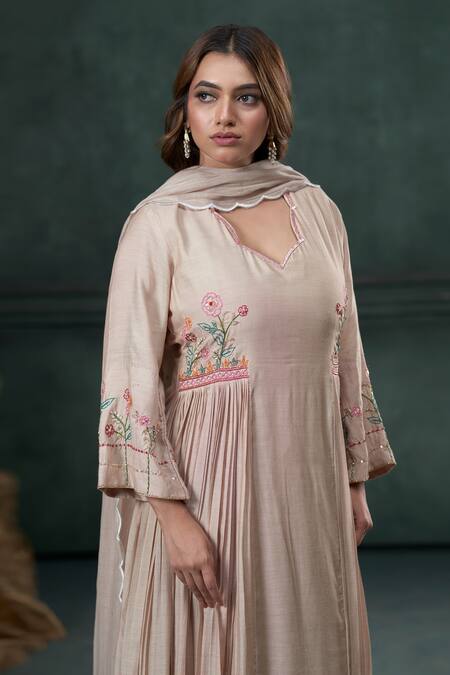 Buy Hirika & Dhruti Beige Mohair, Cotton, Chanderi Pearls, Sequins, Thread Hand A-line Kurta Set Online at Aza Fashions Buy_Hirika & Dhruti_Beige Mohair, Cotton, Chanderi Pearls, Sequins, Thread Hand A-line Kurta Set _Online_at_Aza_Fashions