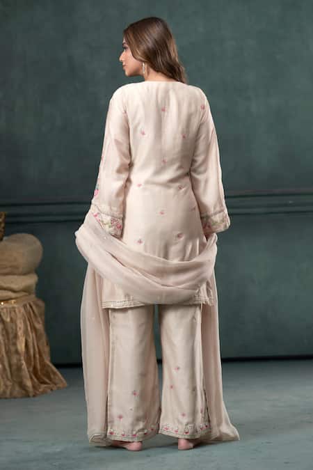 Shop Hirika & Dhruti Beige Chanderi Silk, Georgette Embroidery Floral Hand Short Kurta Pant Set at Aza Fashions Shop_Hirika & Dhruti_Beige Chanderi Silk, Georgette Embroidery Floral Hand Short Kurta Pant Set _at_Aza_Fashions