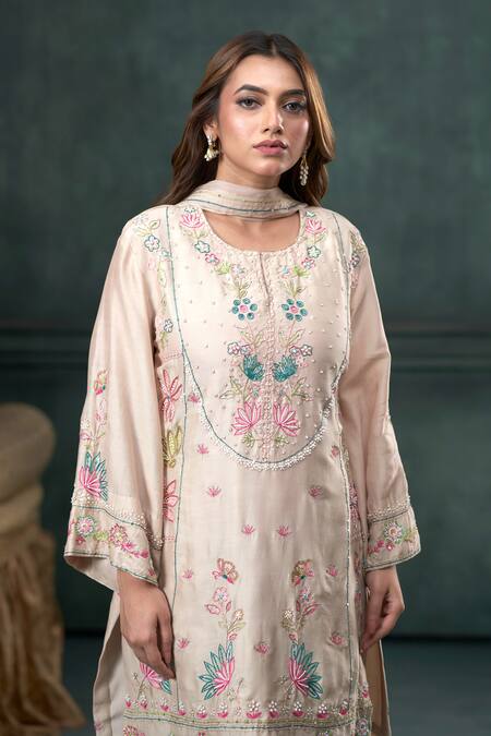 Shop Hirika & Dhruti Beige Chanderi Silk, Georgette Embroidery Floral Hand Short Kurta Pant Set Online at Aza Fashions Shop_Hirika & Dhruti_Beige Chanderi Silk, Georgette Embroidery Floral Hand Short Kurta Pant Set _Online_at_Aza_Fashions