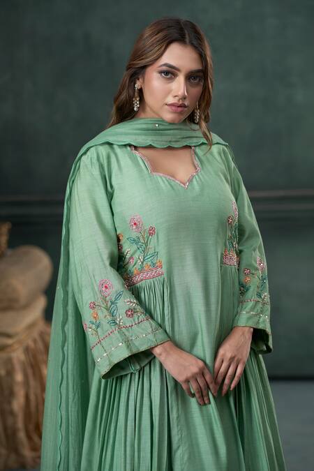 Shop_Hirika & Dhruti_Green Mohair, Cotton, Chanderi Embroidery, Thread Hand Gathered Kurta Set _Online_at_Aza_Fashions