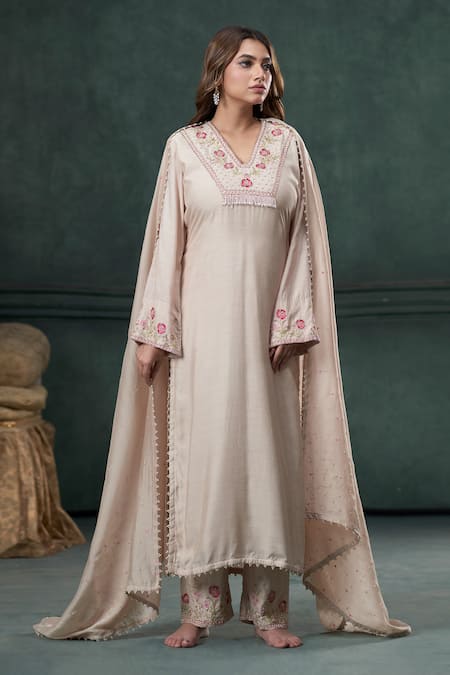 Hirika&Dhruti Beige Kurta And Pant Monga Silk Hand Embroidered Floral V-neck Set 