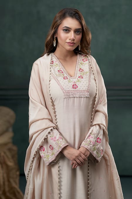 Buy_Hirika & Dhruti_Beige Mohair, Silk, Organza Embroidery, Pearls V-neck Floral Hand Kurta Set _Online_at_Aza_Fashions