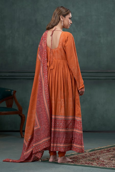 Shop_Hirika & Dhruti_Orange Lycra, Cotton Sequins, Ethnic Bandhani Print Anarkali Churidar Set _at_Aza_Fashions