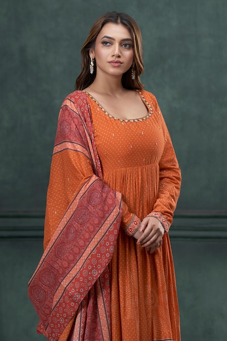 Hirika & Dhruti_Orange Lycra, Cotton Sequins, Ethnic Bandhani Print Anarkali Churidar Set _Online_at_Aza_Fashions