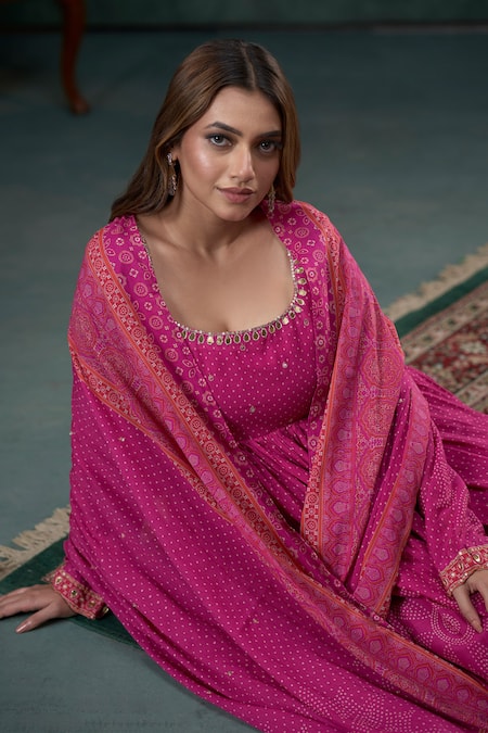 Hirika & Dhruti_Pink Cotton, Lycra Pearls, Sequins Round Neck Bandhani Ethnic Print Anarkali Set _Online_at_Aza_Fashions