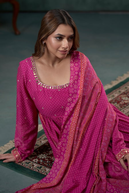 Buy_Hirika & Dhruti_Pink Cotton, Lycra Pearls, Sequins Round Neck Bandhani Ethnic Print Anarkali Set _Online_at_Aza_Fashions