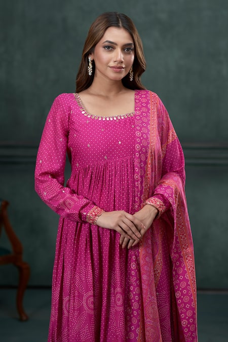 Shop_Hirika & Dhruti_Pink Cotton, Lycra Pearls, Sequins Round Neck Bandhani Ethnic Print Anarkali Set _Online_at_Aza_Fashions