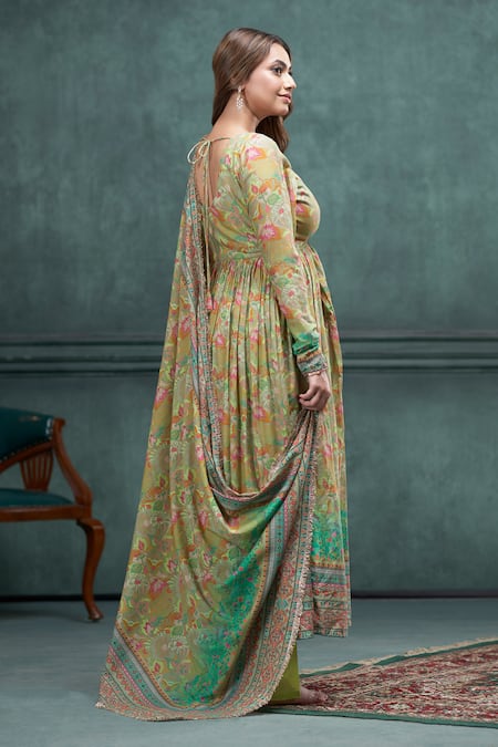 Hirika & Dhruti Green Cotton, Muslin Embroidery, Sequins Square Floral Print Anarkali Pant Set Online at Aza Fashions Hirika & Dhruti_Green Cotton, Muslin Embroidery, Sequins Square Floral Print Anarkali Pant Set _Online_at_Aza_Fashions