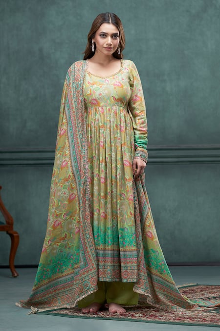 Buy Hirika & Dhruti Green Cotton, Muslin Embroidery, Sequins Square Floral Print Anarkali Pant Set Online at Aza Fashions Buy_Hirika & Dhruti_Green Cotton, Muslin Embroidery, Sequins Square Floral Print Anarkali Pant Set _Online_at_Aza_Fashions