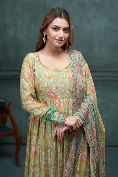 Shop Hirika & Dhruti Green Cotton, Muslin Embroidery, Sequins Square Floral Print Anarkali Pant Set Online at Aza Fashions Shop_Hirika & Dhruti_Green Cotton, Muslin Embroidery, Sequins Square Floral Print Anarkali Pant Set _Online_at_Aza_Fashions