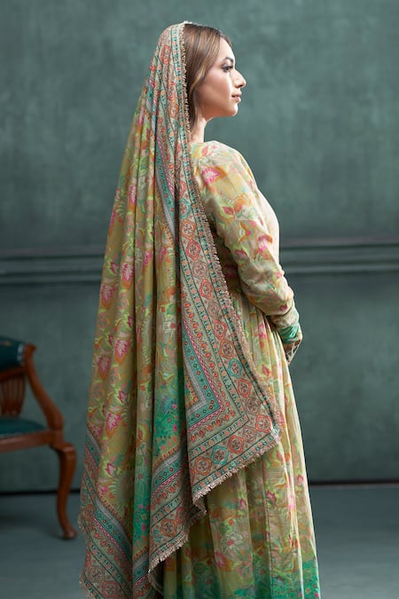 Hirika & Dhruti Green Cotton, Muslin Embroidery, Sequins Square Floral Print Anarkali Pant Set at Aza Fashions Hirika & Dhruti_Green Cotton, Muslin Embroidery, Sequins Square Floral Print Anarkali Pant Set _at_Aza_Fashions