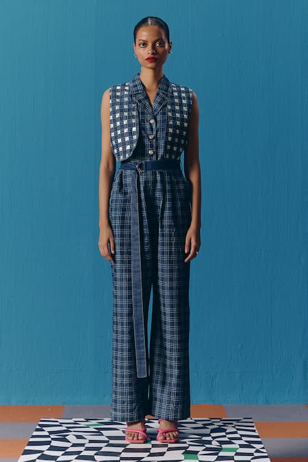 Pooja Rajgarhia Gupta Blue Denim Chequered Sequins Collared Neck Hand Embroidered Bodice Jumpsuit 