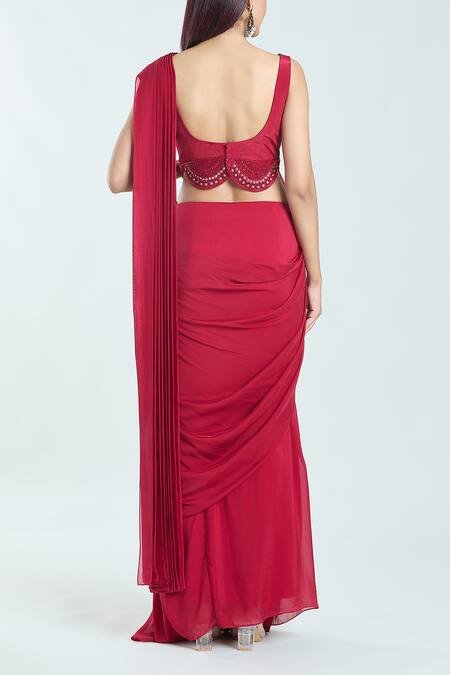Ridhima Bhasin Red Organza, Chiffon Pearls, Embroidery Ewaaz Pre-draped Saree Set With Jacket Online at Aza Fashions Ridhima Bhasin_Red Organza, Chiffon Pearls, Embroidery Ewaaz Pre-draped Saree Set With Jacket _Online_at_Aza_Fashions