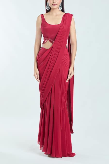 Shop Ridhima Bhasin Red Organza, Chiffon Pearls, Embroidery Ewaaz Pre-draped Saree Set With Jacket Online at Aza Fashions Shop_Ridhima Bhasin_Red Organza, Chiffon Pearls, Embroidery Ewaaz Pre-draped Saree Set With Jacket _Online_at_Aza_Fashions
