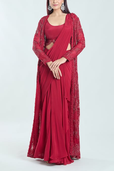 Ridhima Bhasin Red Organza, Chiffon Pearls, Embroidery Ewaaz Pre-draped Saree Set With Jacket at Aza Fashions Ridhima Bhasin_Red Organza, Chiffon Pearls, Embroidery Ewaaz Pre-draped Saree Set With Jacket _at_Aza_Fashions