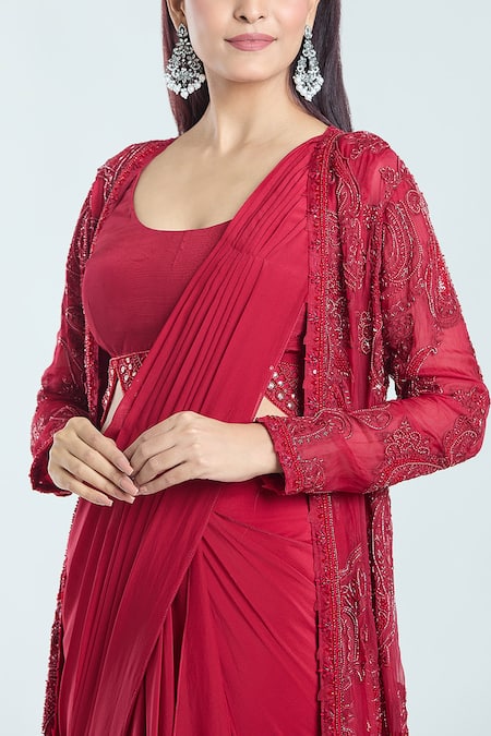 Buy Ridhima Bhasin Red Organza, Chiffon Pearls, Embroidery Ewaaz Pre-draped Saree Set With Jacket Buy_Ridhima Bhasin_Red Organza, Chiffon Pearls, Embroidery Ewaaz Pre-draped Saree Set With Jacket