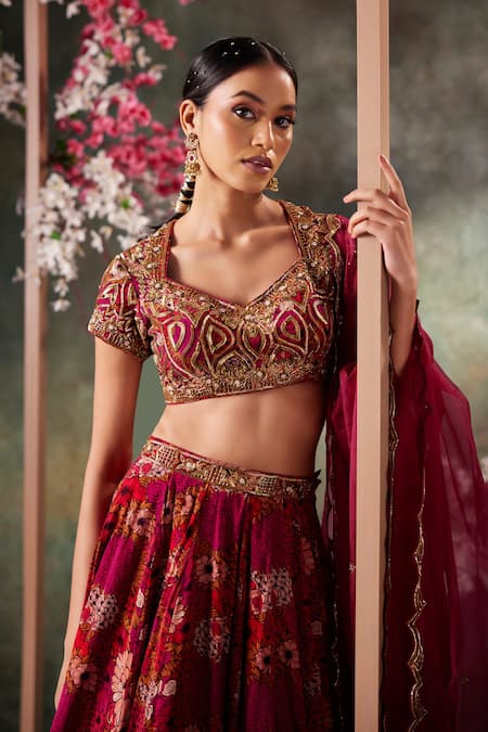 Buy_Mehak Murpana_Pink Organza, Crepe Embroidery, Beads Asymmetric Floral Print Lehenga Set _Online_at_Aza_Fashions